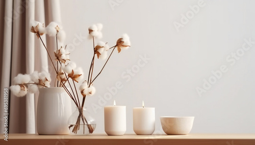 stylish table with cotton flowers and white candle. Candles, cotton flowers on white background.