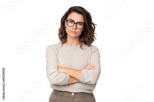 Young brunette woman with glasses looking at camera serious with arms crossed isolated on cut out PNG transparent background