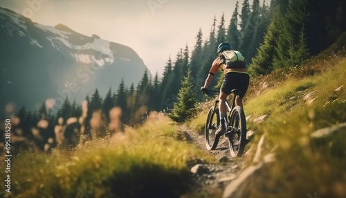 Young woman cyclist rides on the mountain. woman Cyclist racing downhill on rugged mountain trail