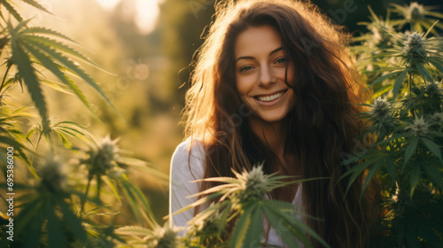 Young female cannabis grower is satisfied with future harvest