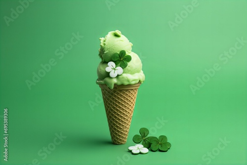 green ice cream in a cone with shamrock leaves on a green background for st patricks day