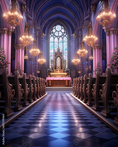 3D rendering of a beautiful church with a stained glass window.