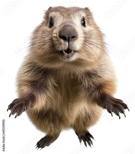 Cheerful, happy, smiling Groundhog. The groundhog waves his arms. Isolated on a transparent background.