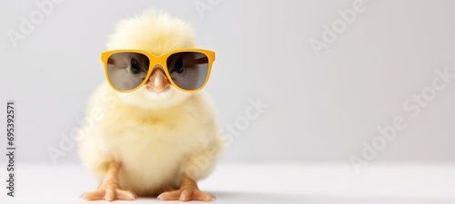 Funny easter concept holiday animal greeting card - Cool cute little easter chick baby with sunglasses on table