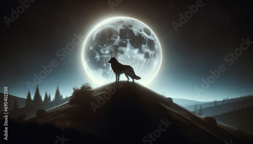 A realistic image of a lone wolf silhouetted against a full moon.