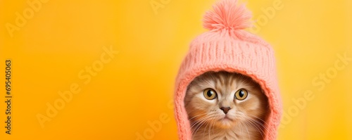 Funny ginger cat in a knitted pink hat close-up, on a yellow background. Copy space. Banner