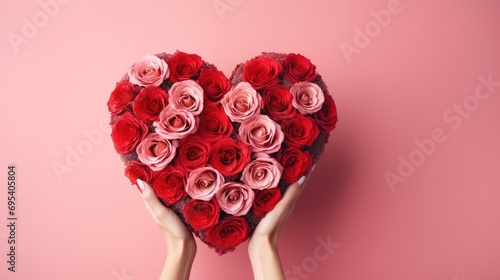 Heart shaped bouquet of red and pink roses on a solid color ona. Woman's hands holding a bouquet of roses