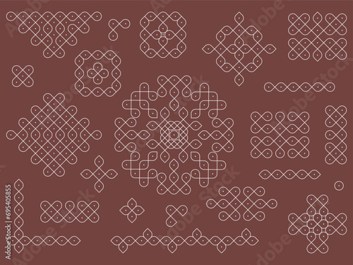 Indian Traditional and Cultural Kolam design vector, set of home decor patterns.