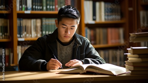 Focused student studying alone in a library with books piled high