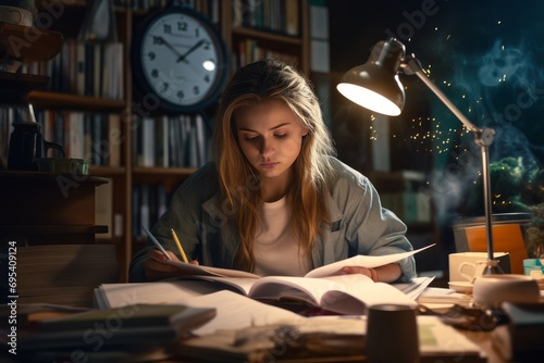 photo Depict a student studying late into the night, surrounded by textbooks, notes, and coffee cups. Generative AI