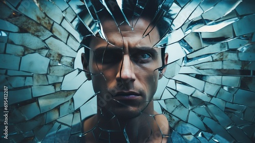 A fragmented self-portrait of a person staring into a shattered mirror, capturing the complex emotions and struggles of mental illness