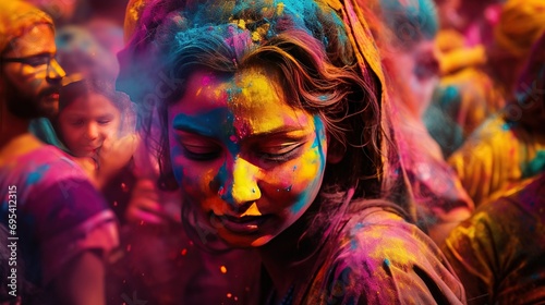 A serene moment during Holi, where people are applying vibrant colored powders to each other's faces, creating a kaleidoscope of emotions