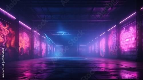 Sci Fi Futuristic Smoke Fog Neon Laser and graffiti art in Garage Room,blue pink violet neon abstract background,ultraviolet light,night club Cyber Undergound Warehouse Concrete Reflective Studio