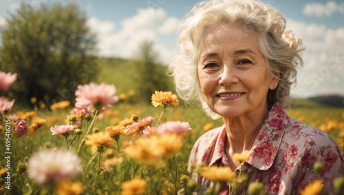 Bella signora pensionata di 80 anni felice in un prato fiorito pieno di fiori colorati in primavera