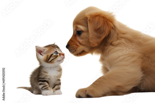 Cute kitten and puppy playing together,On a transparent background. Isolated.