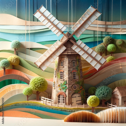 A paper and fabric re-creation of an old-fashioned windmill with paper sails.