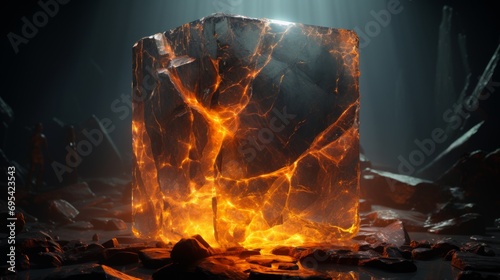 A fiery inferno rages within a colossal cube, blending the elements of fire and nature into a chaotic display of heat and smoke, reminiscent of both a cozy fireplace and a destructive explosion