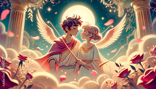 The love story of Eros and Psyche, depicted in a whimsical, animated art style, focusing on a close or medium shot.