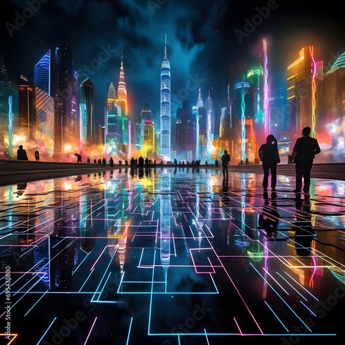 Futuristic city at night with people silhouettes and glowing lights.