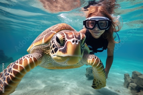 A girl and turtle underwater, snorkeling. AI Generated