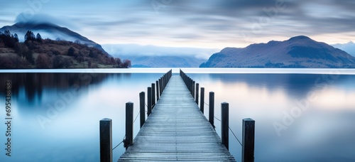 Tranquil lake pier leading into misty mountains at dawn. Serenity and nature.
