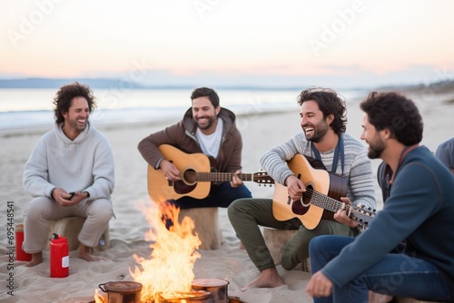 Musical Bonfire Bliss: Friends Gather on a Beach, Strumming Acoustic Guitars by a Campfire, Embraced by the Tranquil Beauty of Crashing Waves in the Evening Glow