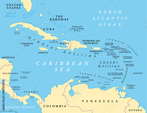 The Caribbean Sea and its islands, political map. The Caribbean, a subregion of the Americas, with the West Indies, compromising independent island countries and dependencies in three archipelagos.
