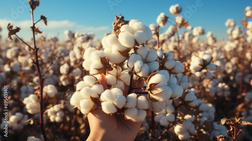  a person's hand holding a cotton plant in the middle of a large field of cotton flowers in the foreground, with a blue sky in the background.