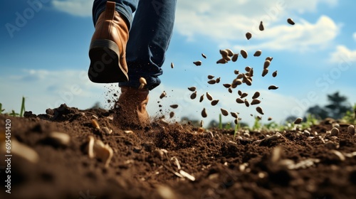 Harvesting Dreams: A Person Sowing Seeds in Fertile Dark Brown Soil. The concept revolves around the cycle of life, growth, and abundance as represented by a person actively sowing seeds in rich soil.