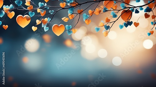 valentines day hearts on the branch and shadows in the background in the style of light indigo and light amber, colorful fantasy copy space