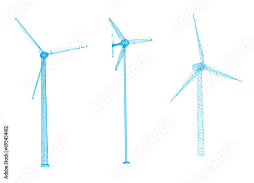 A wind turbine in 3D illustration, presented in abstract hologram wire frame stylized form and isolated on a transparent background in PNG format.