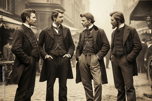 Rich English men walking on street, 1880th fashion, vintage photo