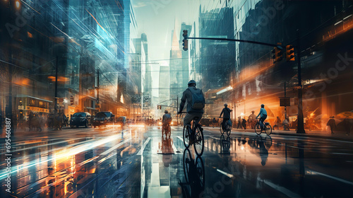 Cyclists in the city, Beautiful motion blur and double exposure image with city street, skyscrapers and people crossing road