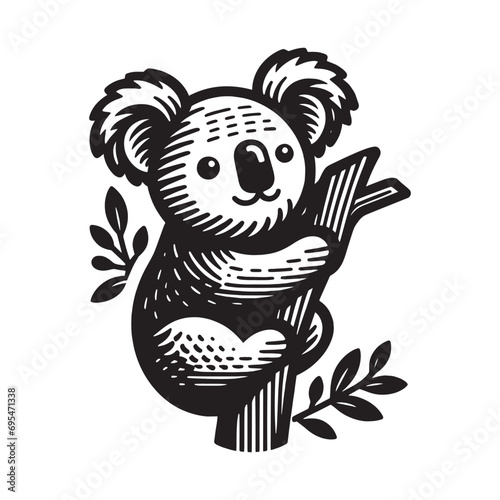 Cute koala, black vector engraving illustration. Monochrome icon, logo 