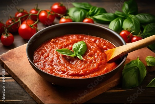 Classic homemade Italian tomato sauce with basil for pasta and pizza. Fresh tomato pasta sauce