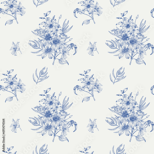 Blue floral Seamless vector vintage pattern flowers of Clematis on beige. Hand drawn elements. Elegant floral background Textiles, paper, wallpaper decoration