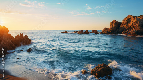 capturing the beauty of a sea coast after sunrise, featuring rocks, refreshing blue water, and a sunlit sky--an ideal natural seasonal summer hipster background.