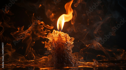 Candle tribute, RIP symbol, dark glow, flame realism, smoke, melting wax, dynamic lighting, emotional poignancy