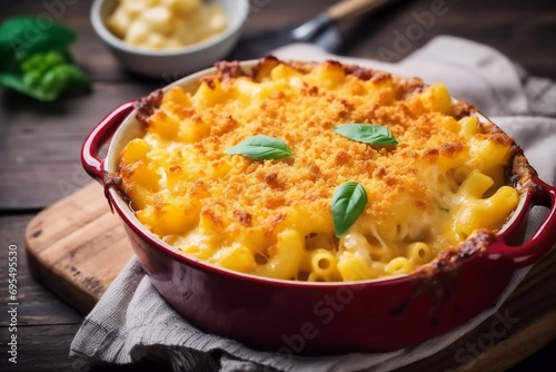 American creamy macaroni and cheese pasta. dish of tasty Italian pasta with Cheddar cheese