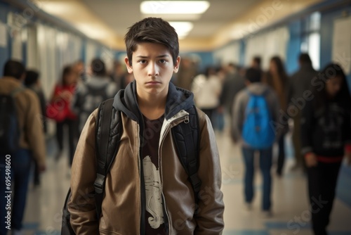 Young teen boy sad lonely face at a school
