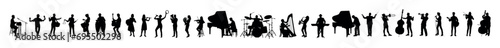 Large group silhouettes set of musicians playing various instruments vector collection. Musicians performing with various musical instruments silhouettes.