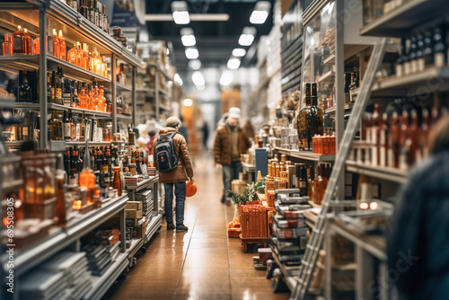 A group of people standing in front of shelves with bottles in alcohol store.