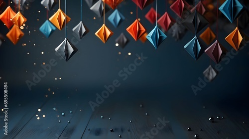 Hanging on strings at the top of colorful paper stars., banner with space for your own content. Dark background color.