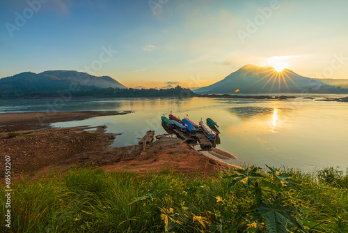 Mekong river and mountain scenery in the morning,Kaeng Khut couple scenery, Chiang Khan, Thailand,View of Kaeng Khut Khu Chiang Khan District, Loei Province, Thailand 