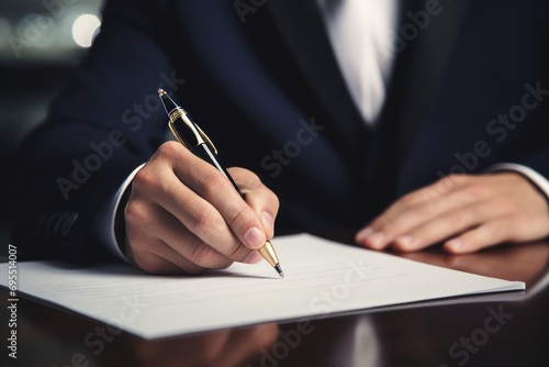 Close-up of signing a signature with a fountain pen by a businessman
