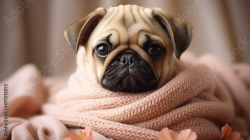 cute small pug in a peach-colored scarf against a background of cream-colored silk fabric, banner, copy space