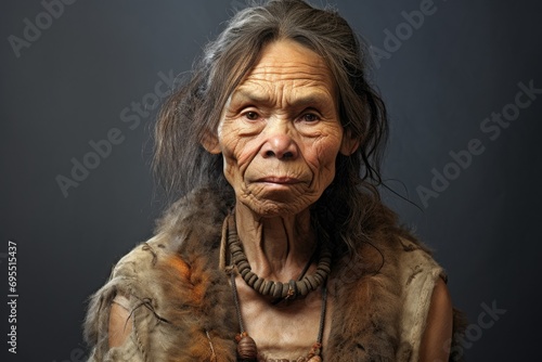 Portrait of a Neanderthal, cave primitive elderly woman. Stone Age, history of human evolution
