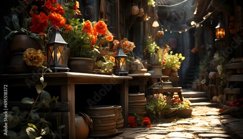 Flowers and lanterns in the old town of Gdansk, Poland