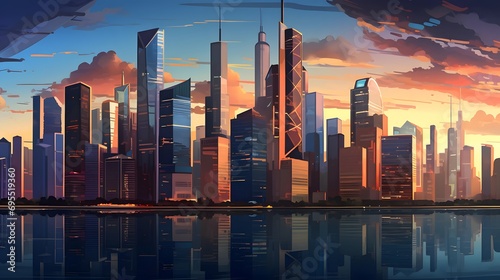 Panorama of modern city with skyscrapers at sunset, illustration