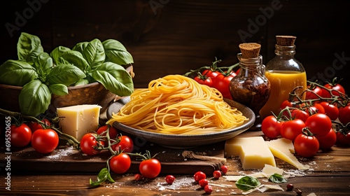 Photo of tasty appetizing italian raw spaghetti pasta, tomatoes, cheese, parmesan, olive oil, basil, garlic on wooden brown table. Ingredients for homemade dinner. Italian food.